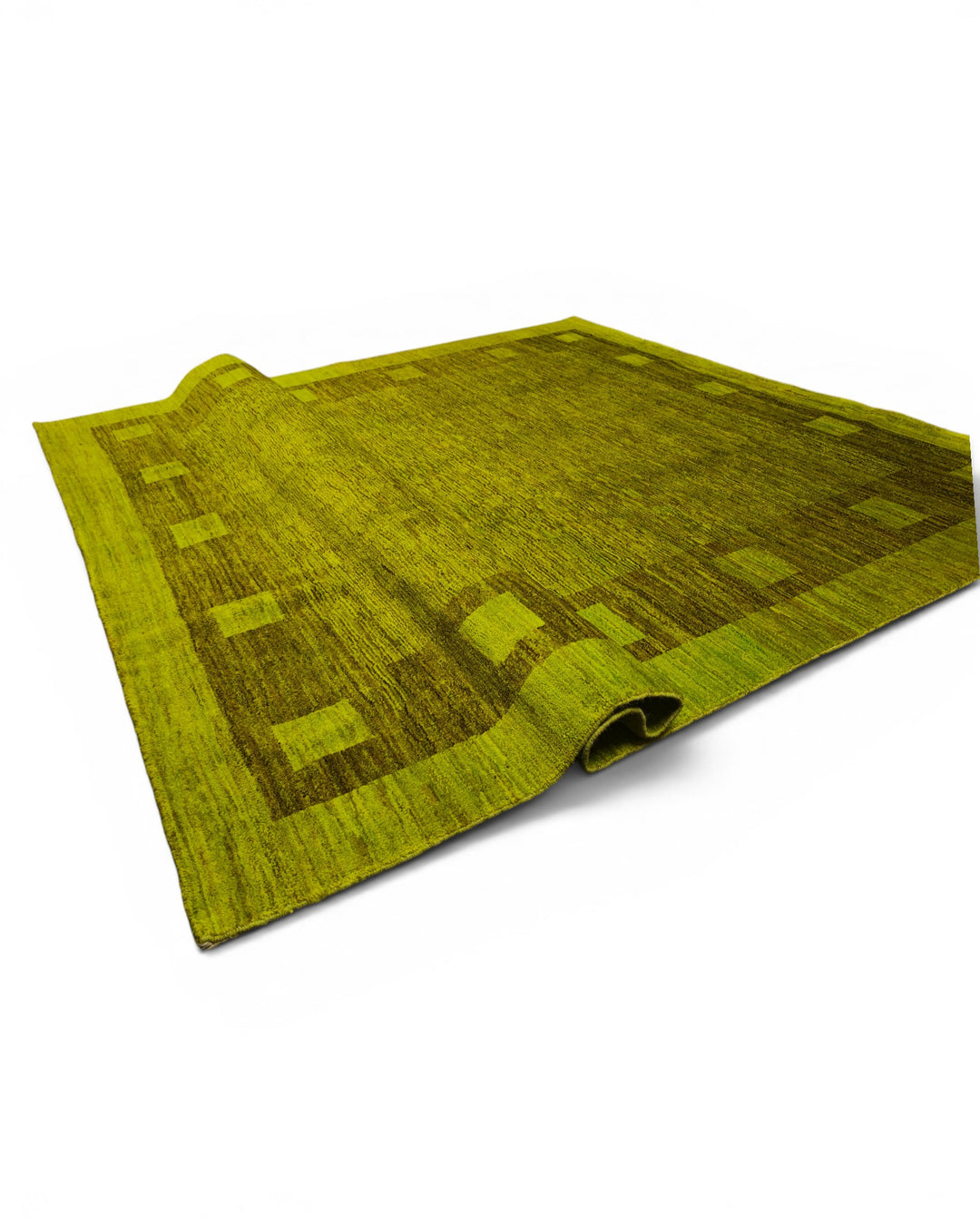 Olive Green Block-Border Ghazni, Hand-Knotted Afghan Wool Rug