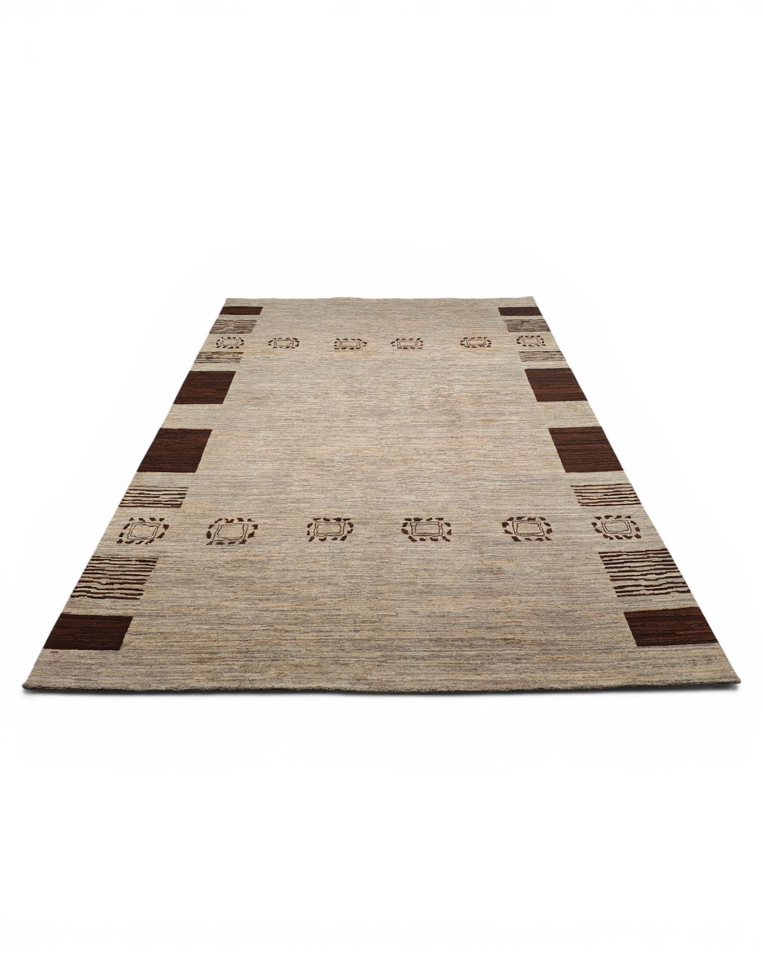 Greige Tribal-Border Ghazni, Hand-Knotted Afghan Wool Rug