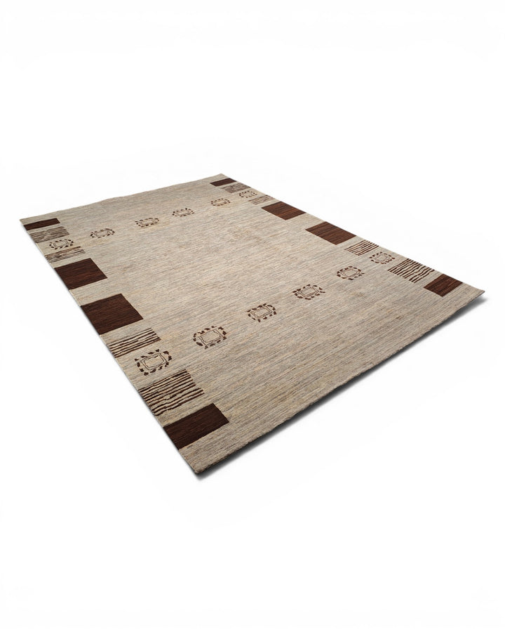 Greige Tribal-Border Ghazni, Hand-Knotted Afghan Wool Rug