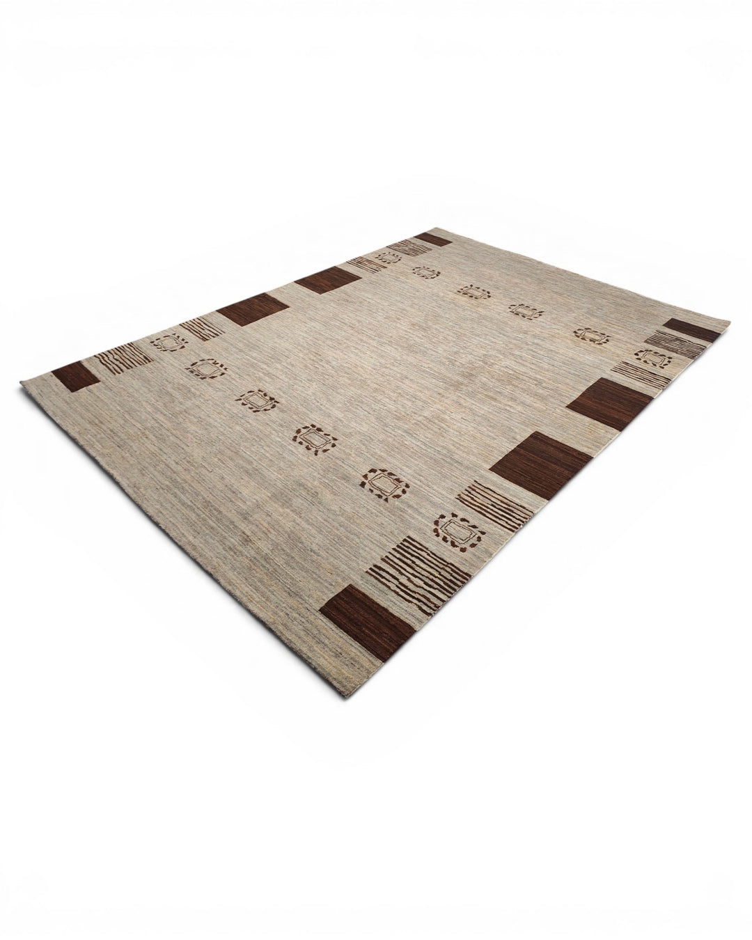 Greige Tribal-Border Ghazni, Hand-Knotted Afghan Wool Rug