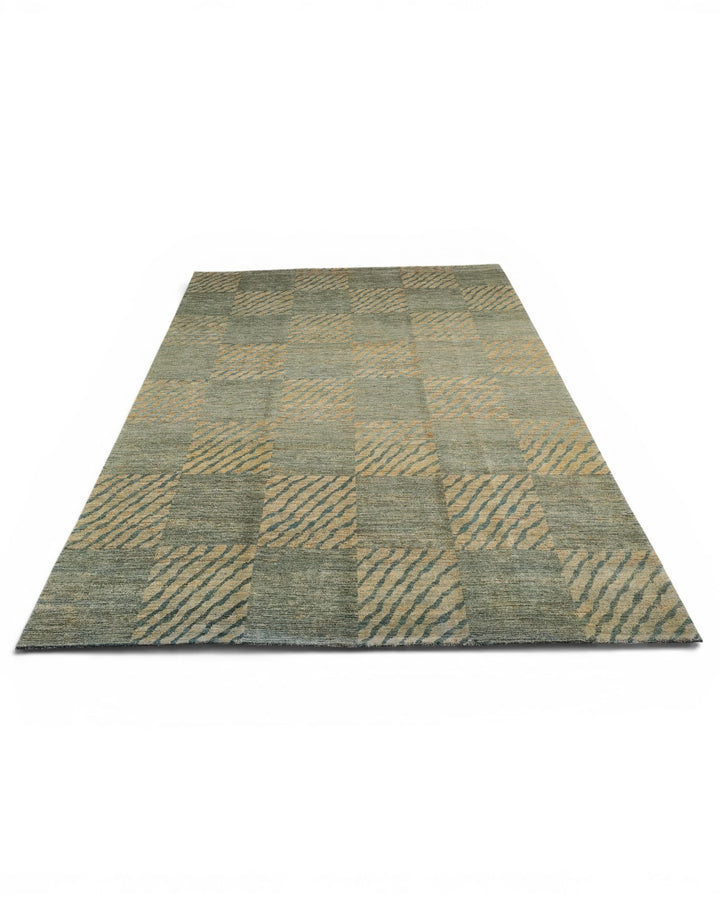 Sage Green Checkerboard Gabbeh, Hand-Knotted Afghan Wool Rug