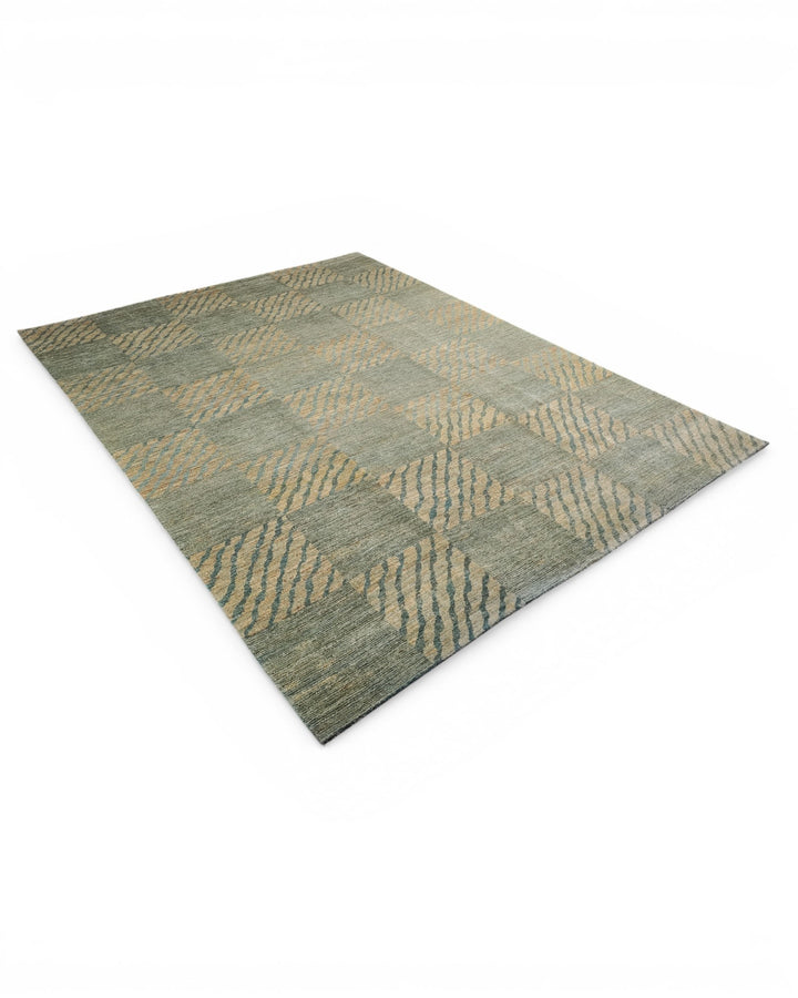Sage Green Checkerboard Gabbeh, Hand-Knotted Afghan Wool Rug