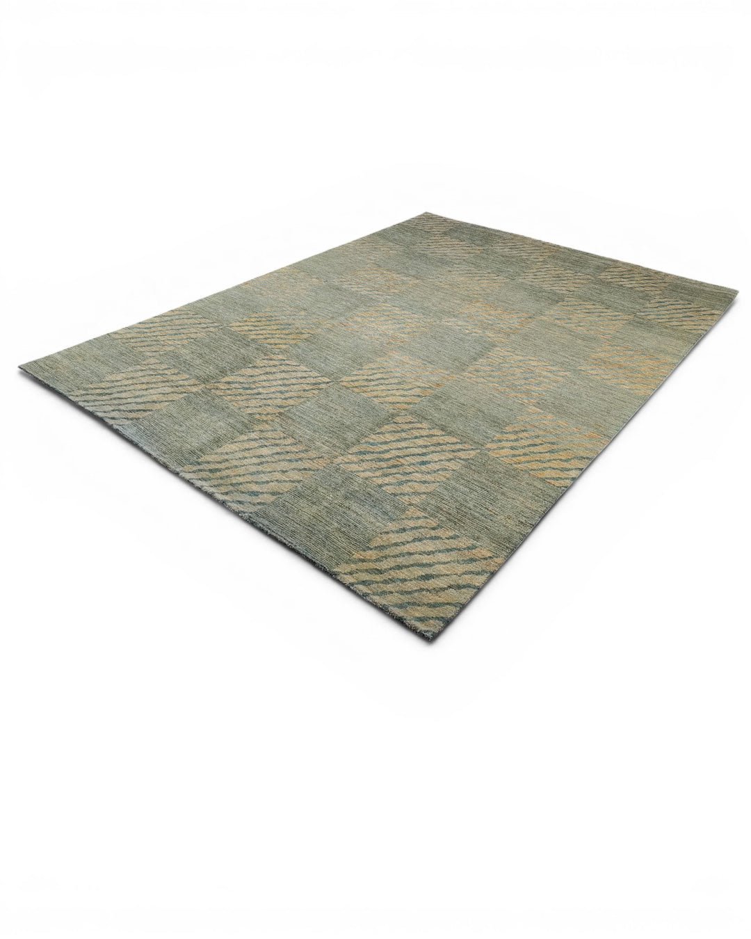 Sage Green Checkerboard Gabbeh, Hand-Knotted Afghan Wool Rug