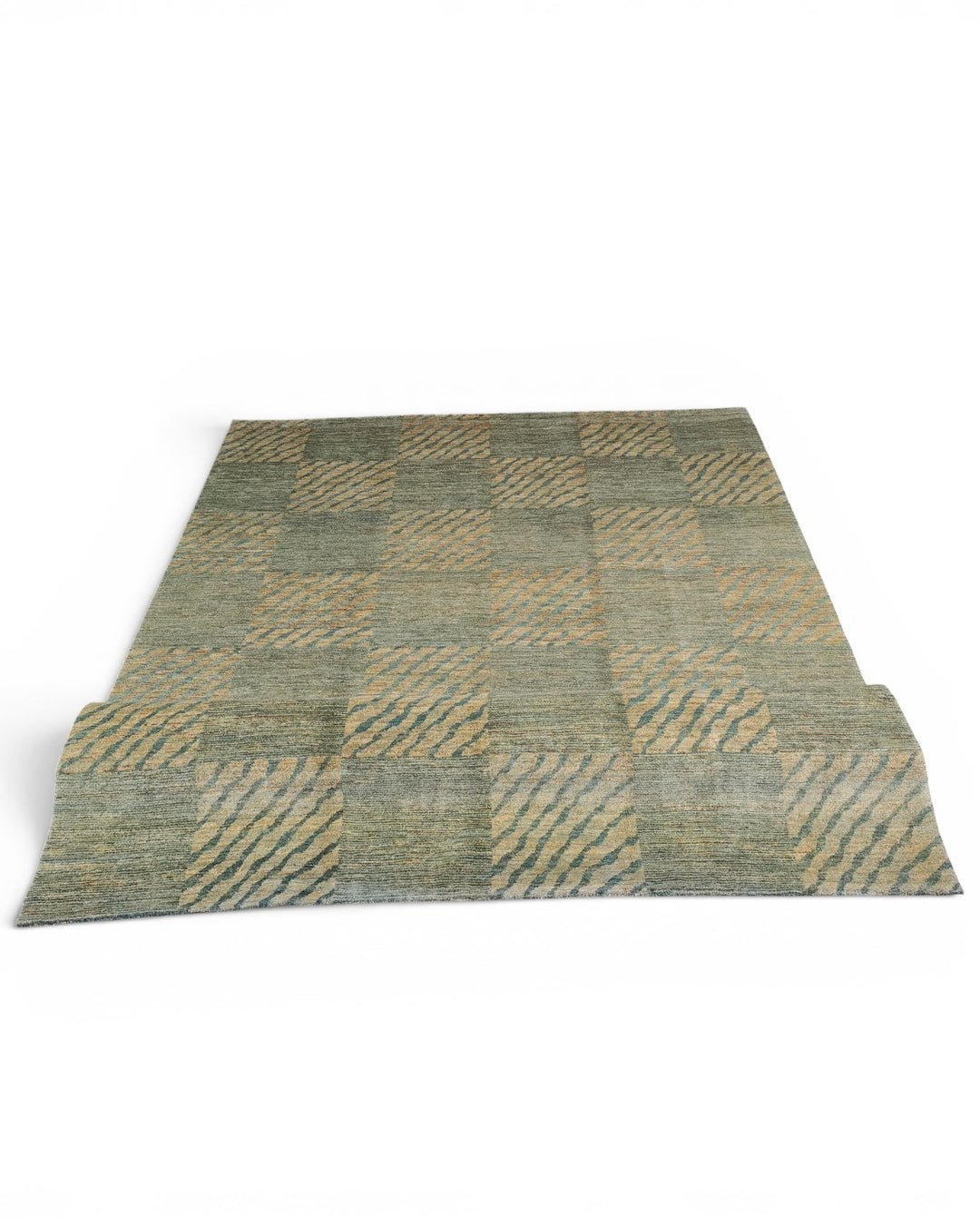 Sage Green Checkerboard Gabbeh, Hand-Knotted Afghan Wool Rug