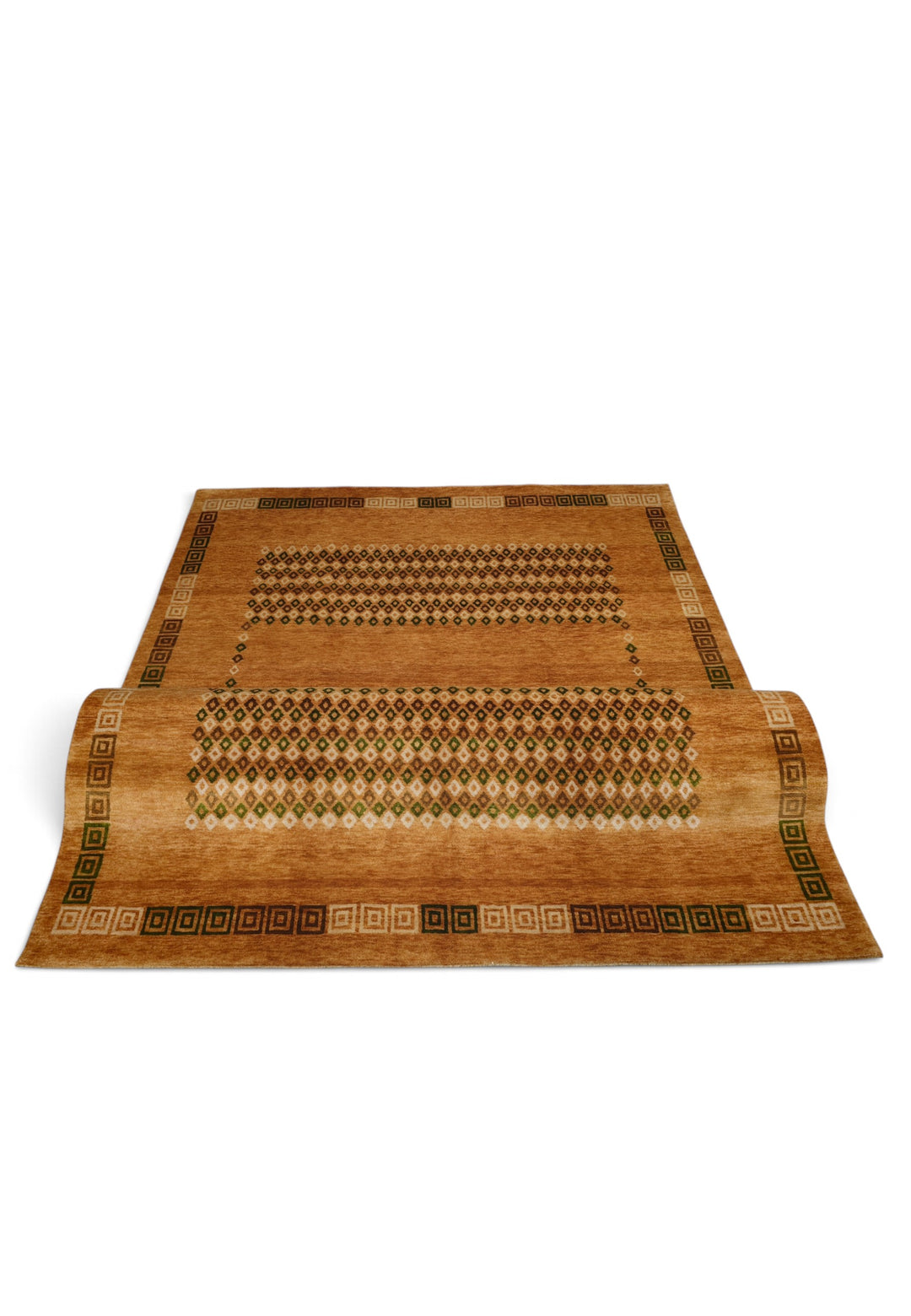 Amber and Brown Diamond Frame Loribaf, Hand-Knotted Wool Rug