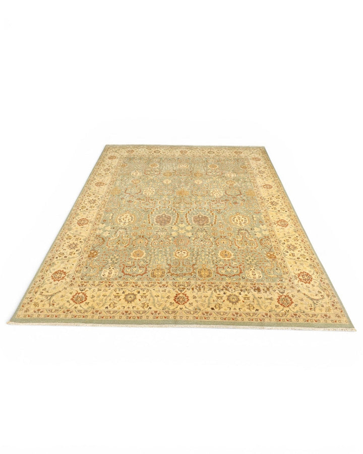 Pale Sage and Gold All-Over Floral Ghazni, Hand-Knotted Wool Rug
