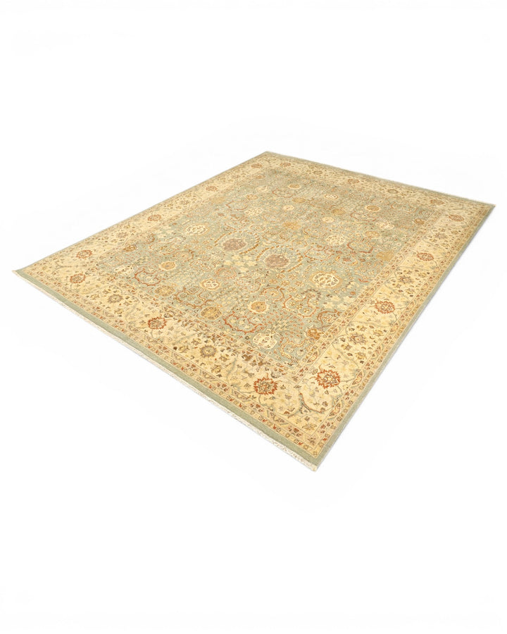 Pale Sage and Gold All-Over Floral Ghazni, Hand-Knotted Wool Rug