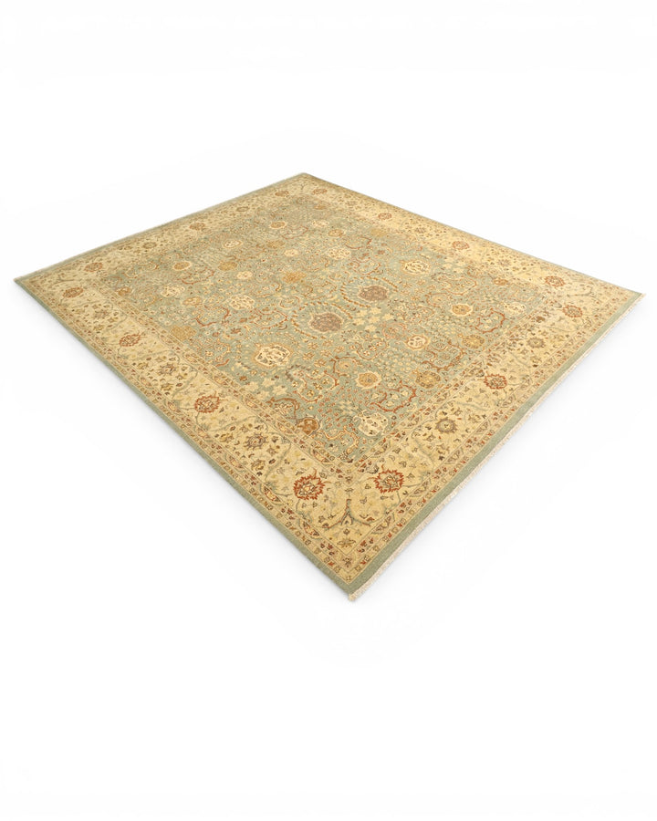 Pale Sage and Gold All-Over Floral Ghazni, Hand-Knotted Wool Rug