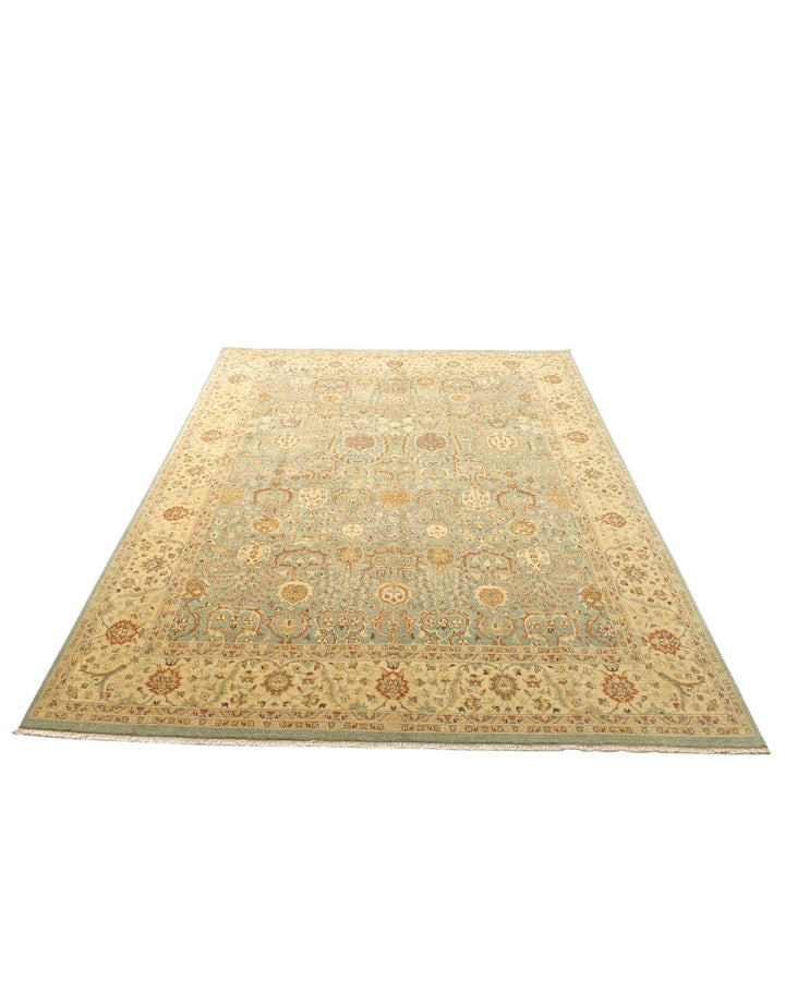 Pale Sage and Gold All-Over Floral Ghazni, Hand-Knotted Wool Rug