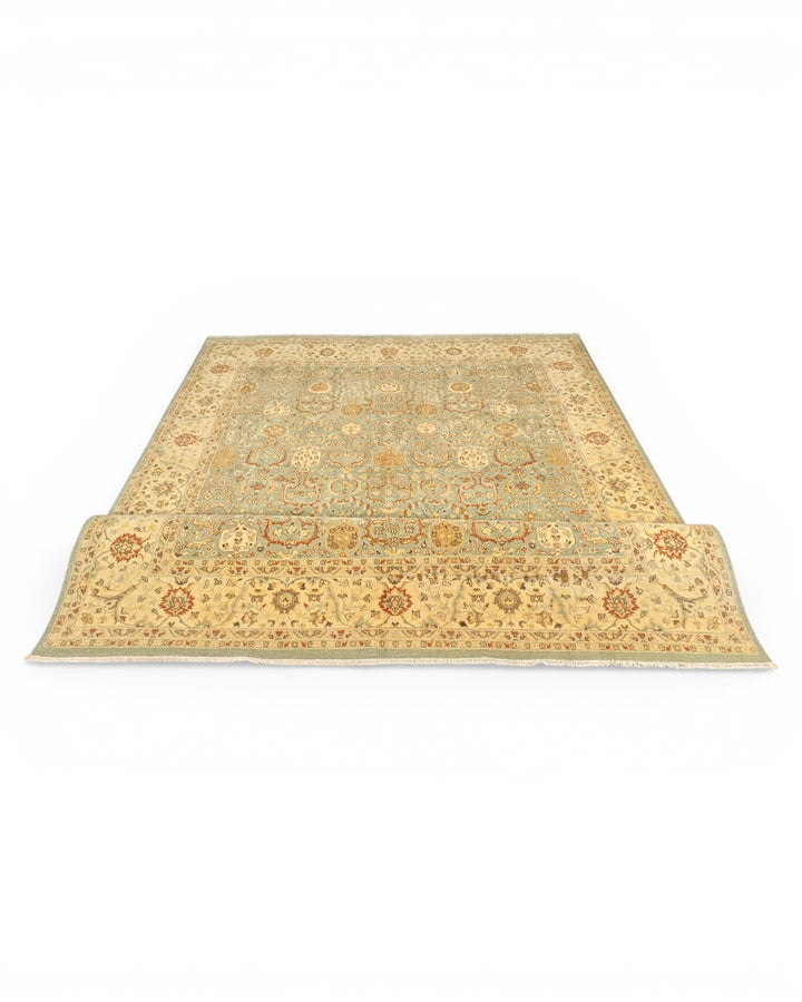 Pale Sage and Gold All-Over Floral Ghazni, Hand-Knotted Wool Rug