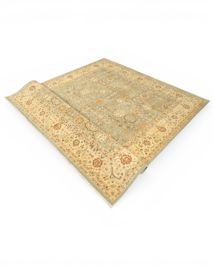 Pale Sage and Gold All-Over Floral Ghazni, Hand-Knotted Wool Rug