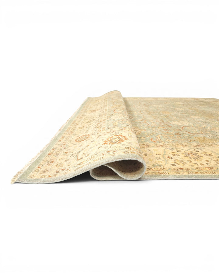Pale Sage and Gold All-Over Floral Ghazni, Hand-Knotted Wool Rug