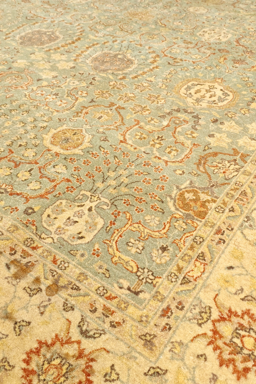 Pale Sage and Gold All-Over Floral Ghazni, Hand-Knotted Wool Rug