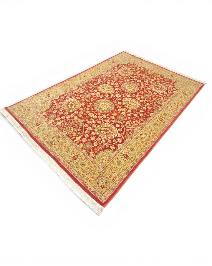 Pomegranate &amp; Gold Floral, Hand-Knotted Pakistani Wool Rug