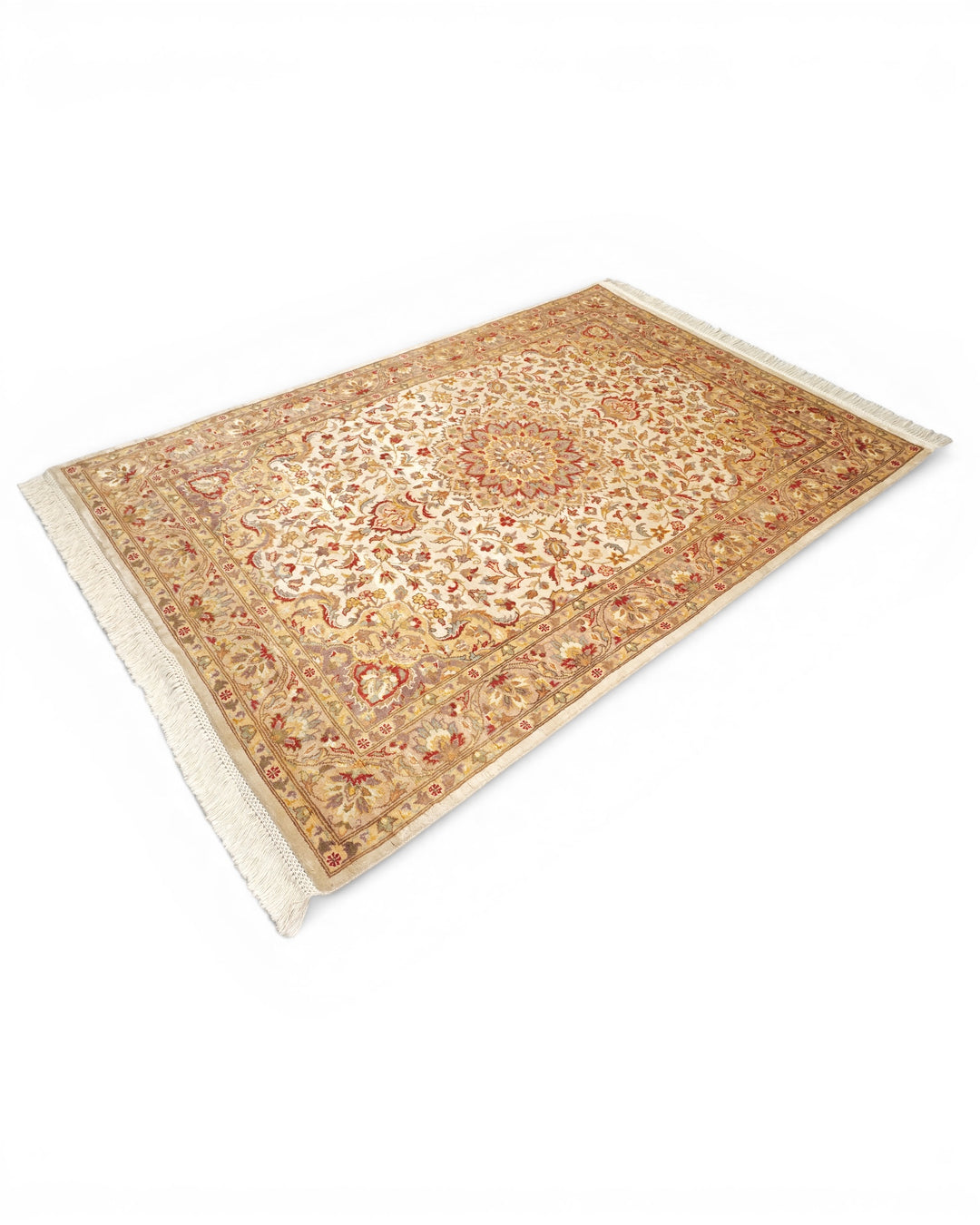 Ivory Medallion Tabriz, Hand-Knotted Pakistani Silk Rug