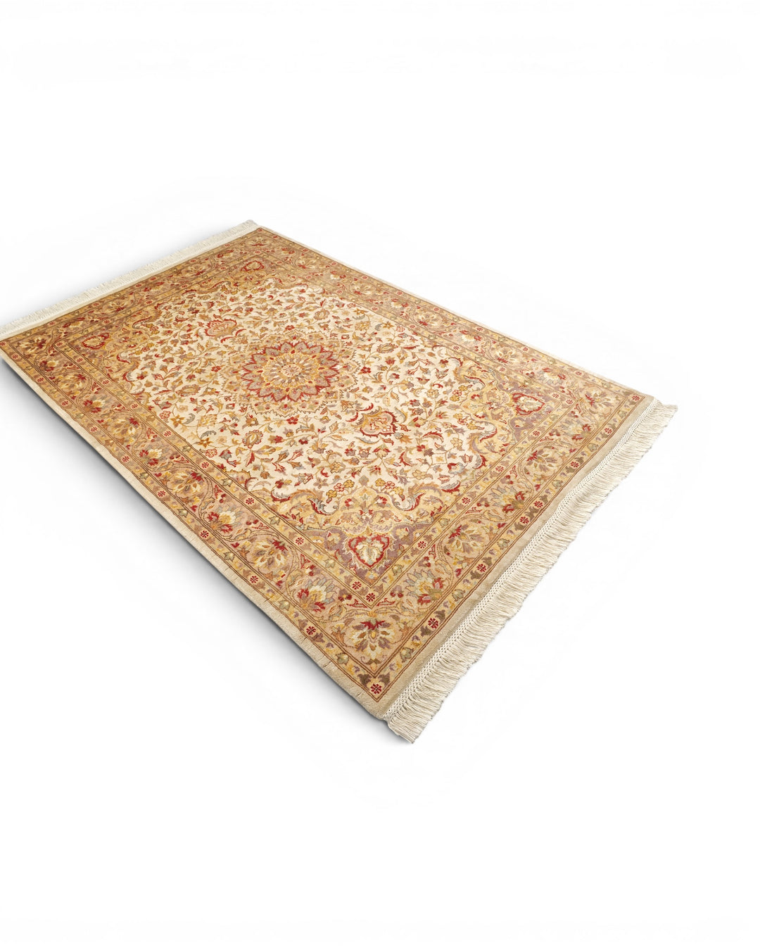 Ivory Medallion Tabriz, Hand-Knotted Pakistani Silk Rug