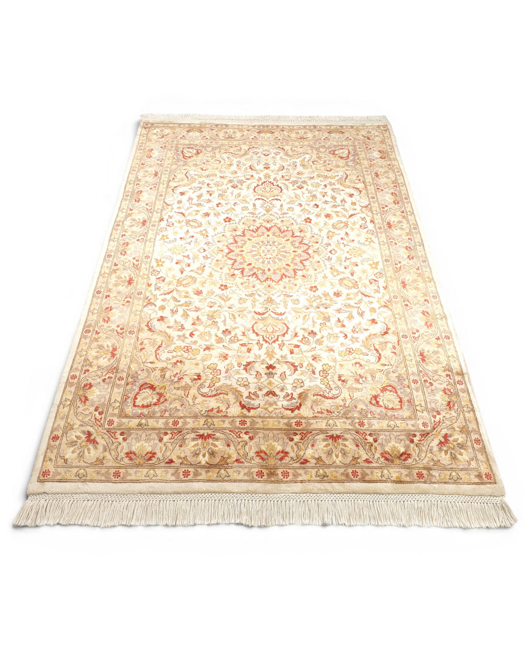 Ivory Medallion Tabriz, Hand-Knotted Pakistani Silk Rug