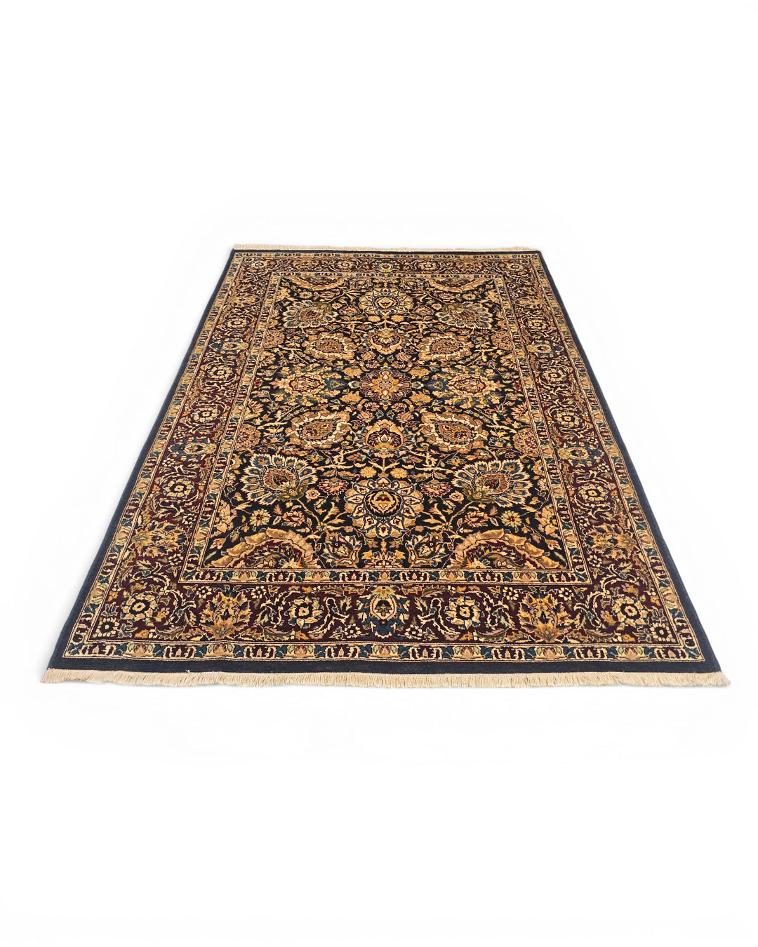 Jet &amp; Gold Floral, Hand-Knotted Pakistani Wool Rug
