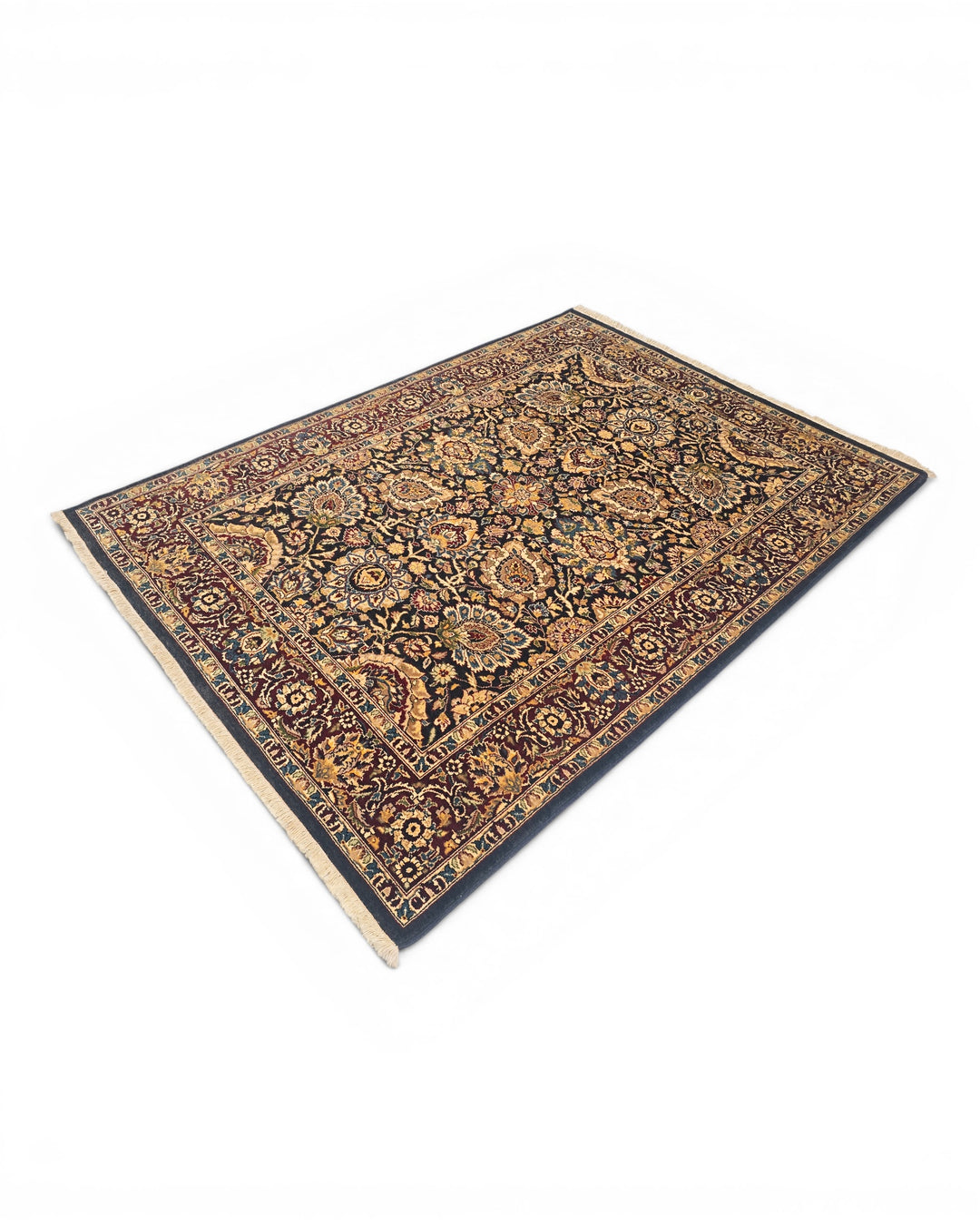 Jet &amp; Gold Floral, Hand-Knotted Pakistani Wool Rug