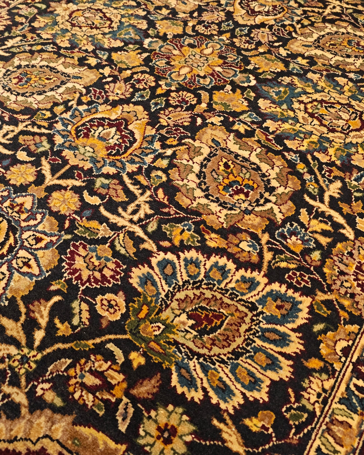 Jet &amp; Gold Floral, Hand-Knotted Pakistani Wool Rug