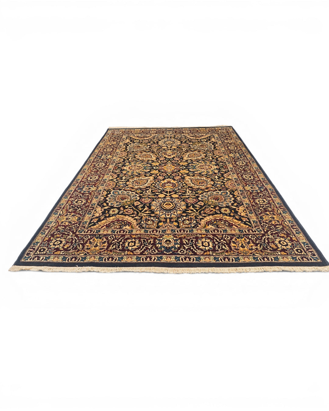 Jet &amp; Gold Floral, Hand-Knotted Pakistani Wool Rug