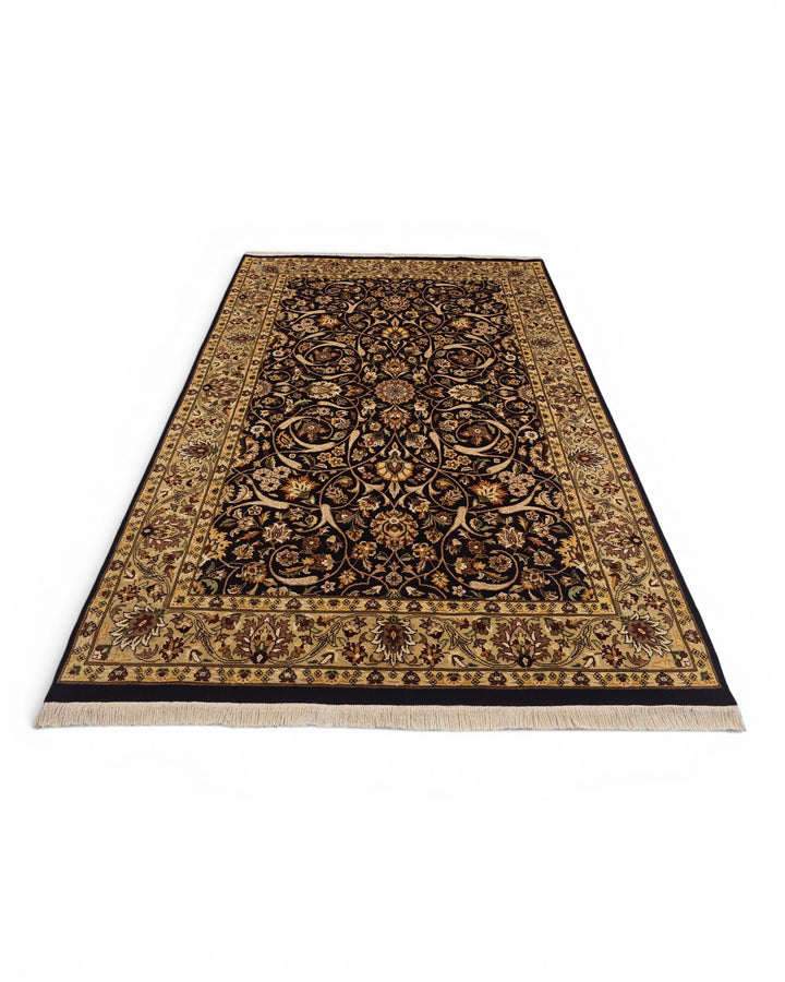 Ebony &amp; Gold All-Over Floral, Hand-Knotted Pakistani Wool Rug