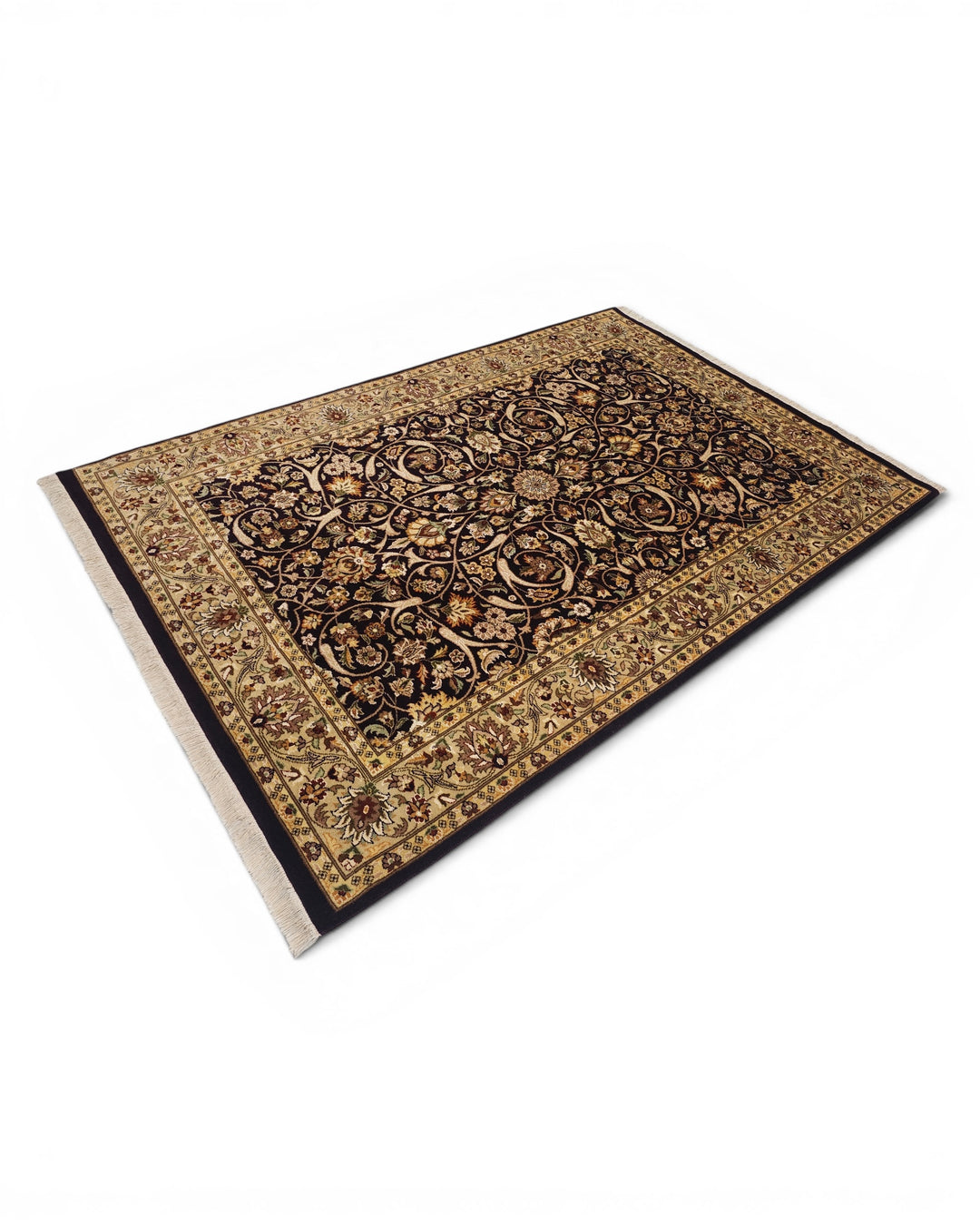 Ebony &amp; Gold All-Over Floral, Hand-Knotted Pakistani Wool Rug
