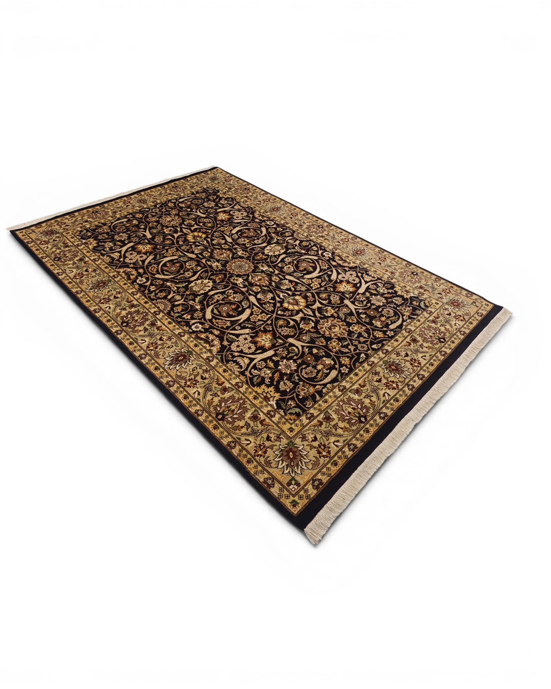 Ebony &amp; Gold All-Over Floral, Hand-Knotted Pakistani Wool Rug