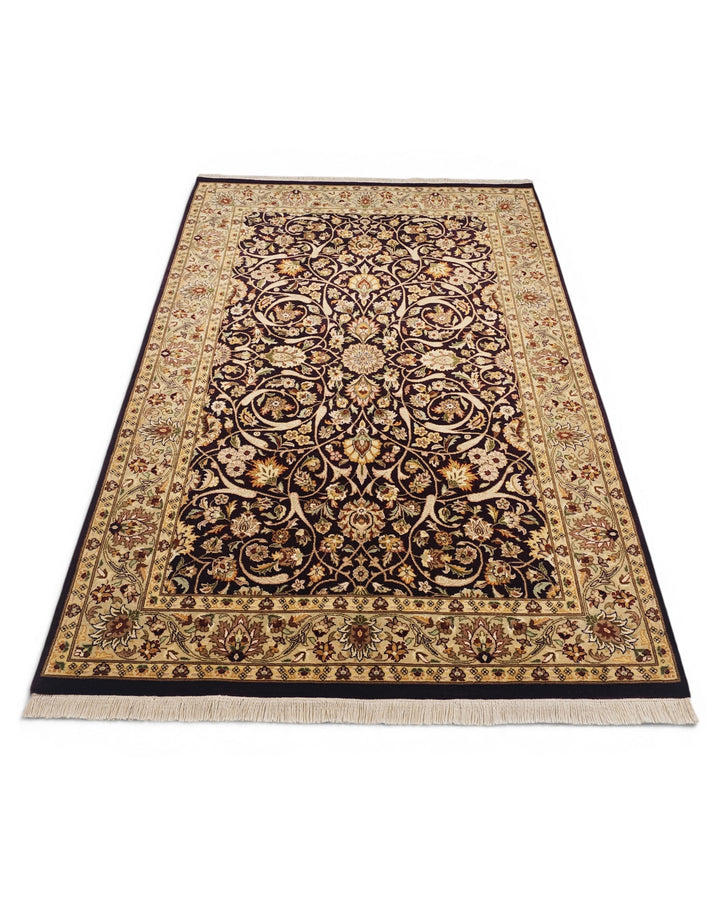 Ebony &amp; Gold All-Over Floral, Hand-Knotted Pakistani Wool Rug