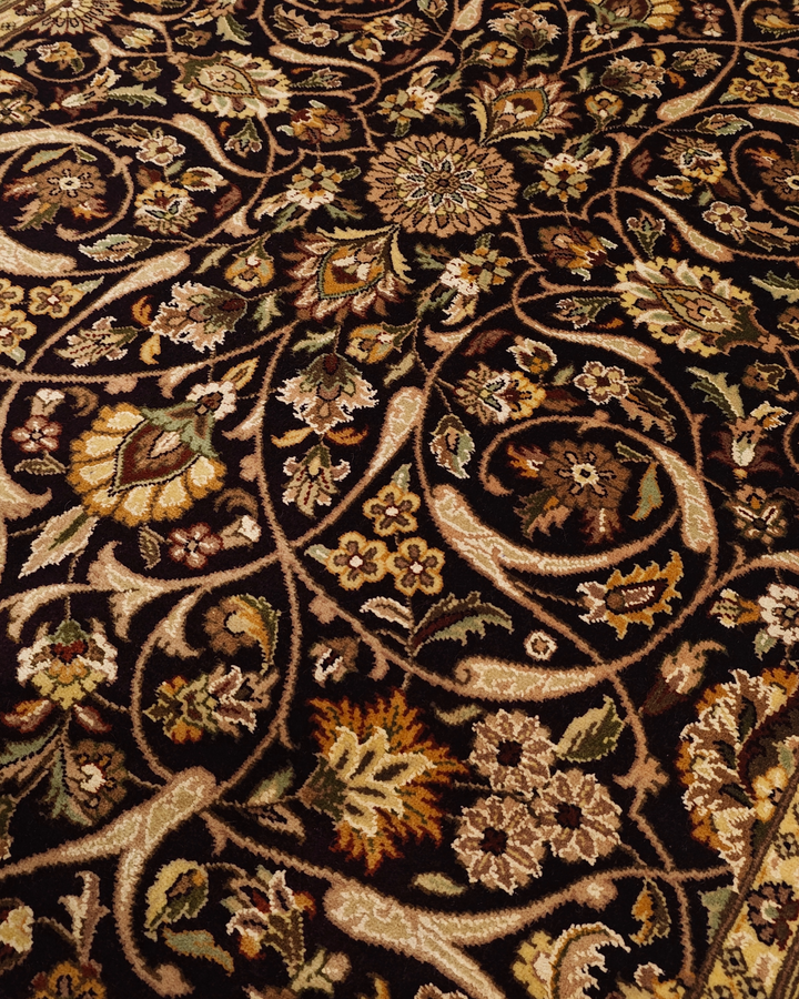 Ebony &amp; Gold All-Over Floral, Hand-Knotted Pakistani Wool Rug