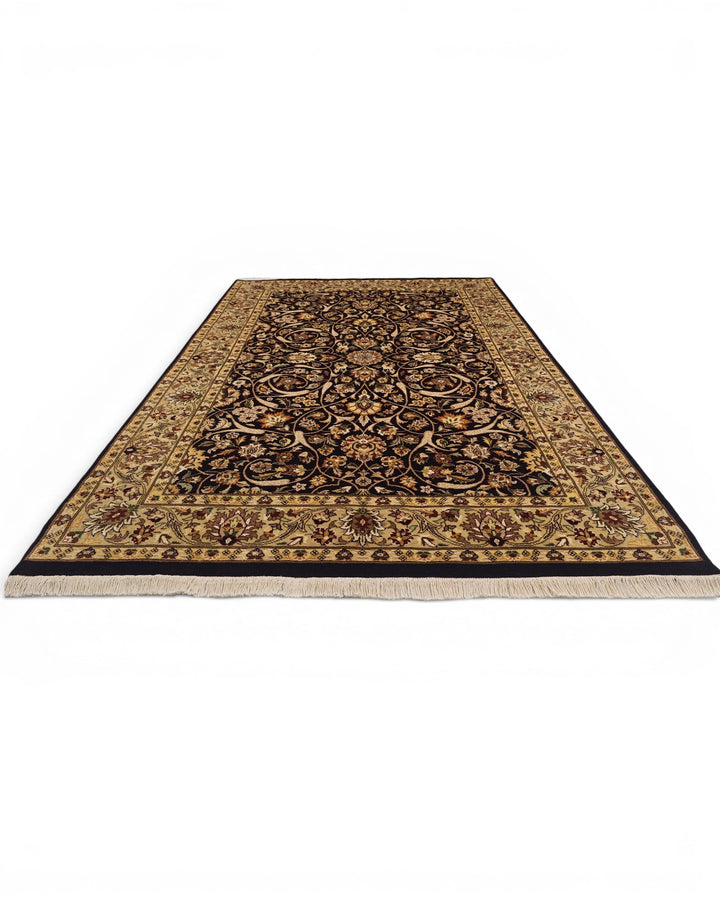 Ebony &amp; Gold All-Over Floral, Hand-Knotted Pakistani Wool Rug