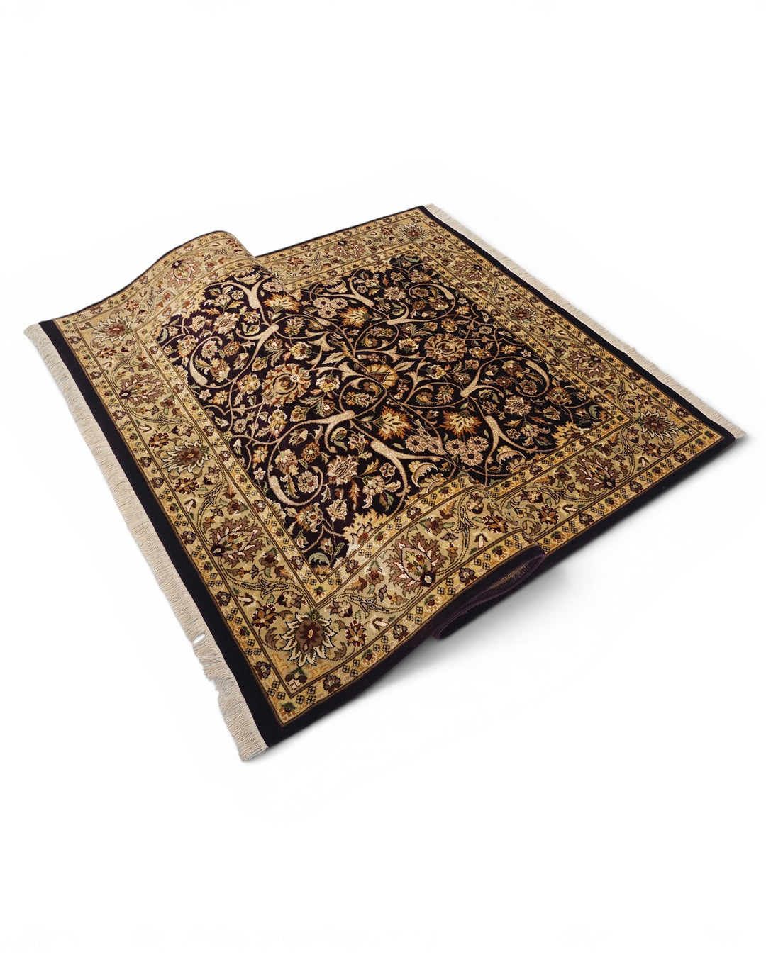 Ebony &amp; Gold All-Over Floral, Hand-Knotted Pakistani Wool Rug