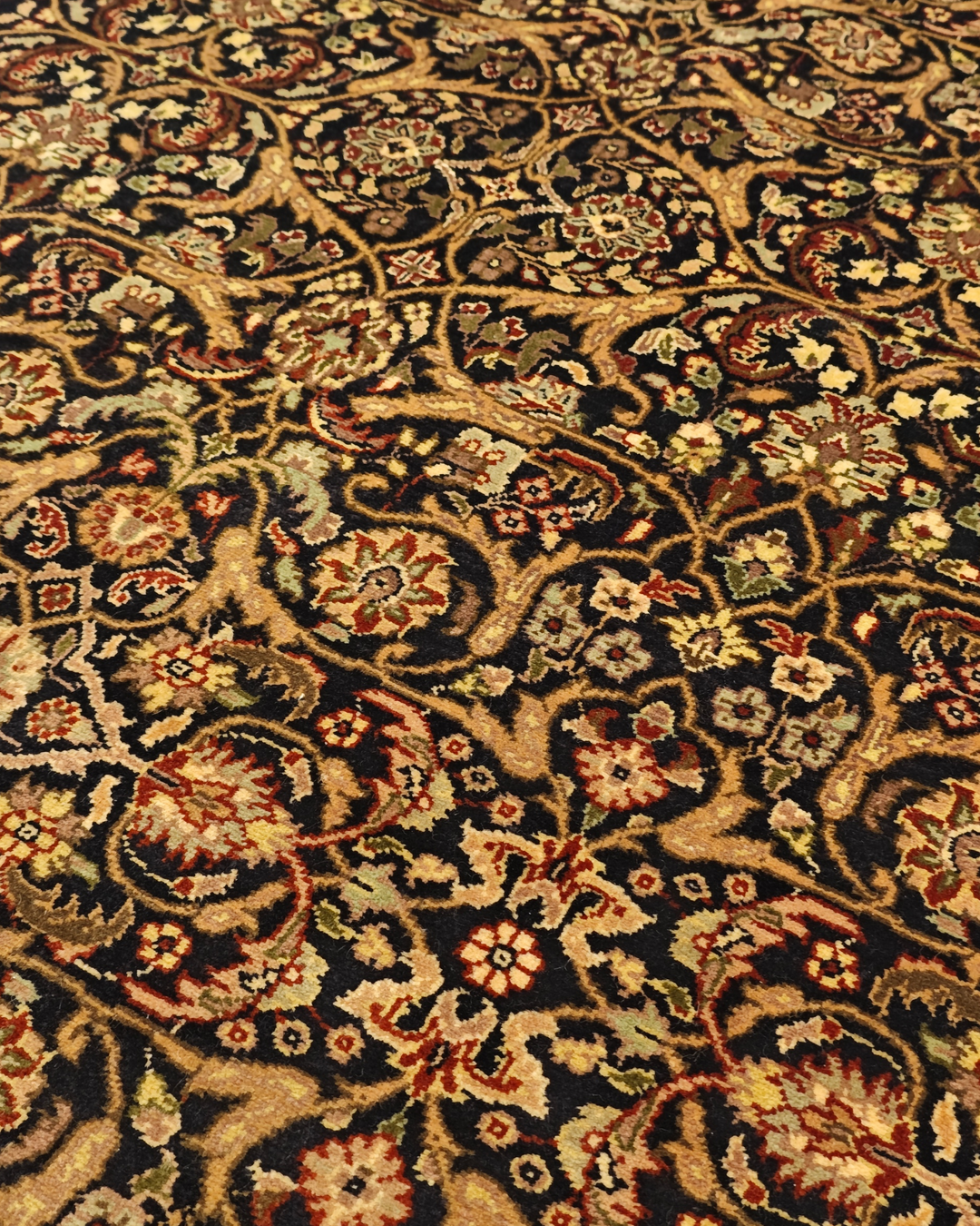 Onyx &amp; Gold All-Over Floral, Hand-Knotted Pakistani Wool Rug