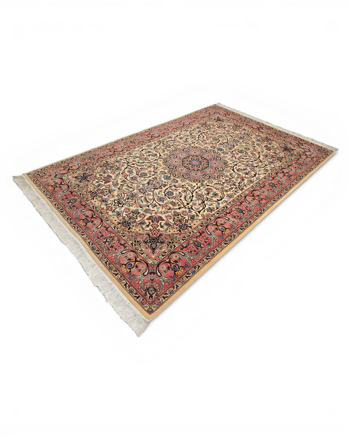 Rose &amp; Ivory Medallion Tabriz, Hand-Knotted Pakistani Wool Rug