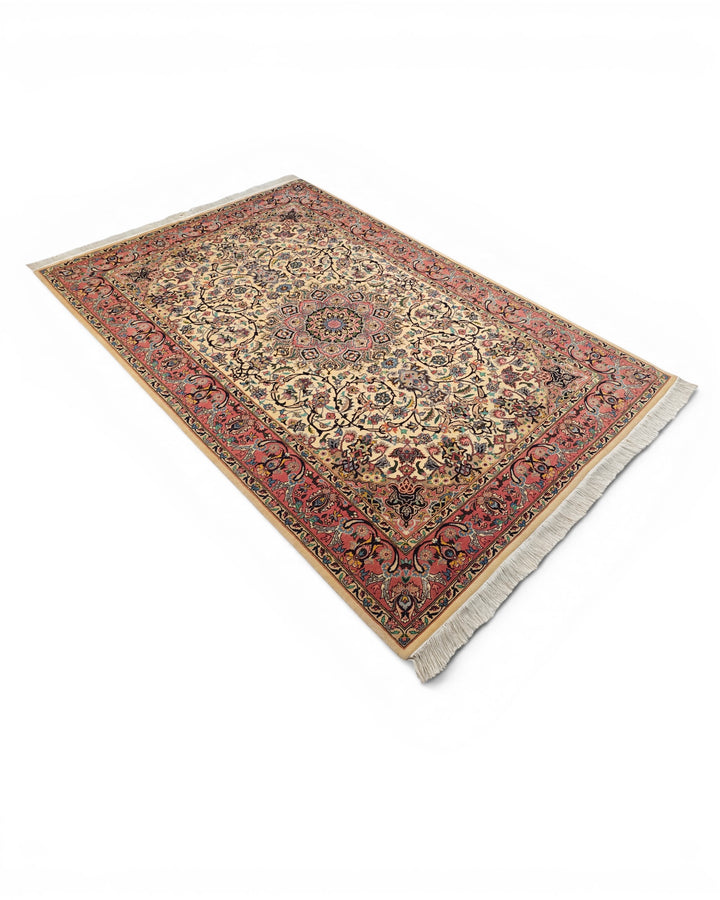 Rose &amp; Ivory Medallion Tabriz, Hand-Knotted Pakistani Wool Rug