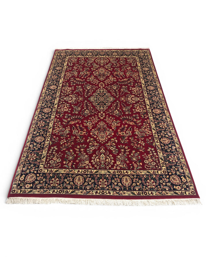 Wine &amp; Navy Floral Tabriz, Hand-Knotted Pakistani Wool Rug
