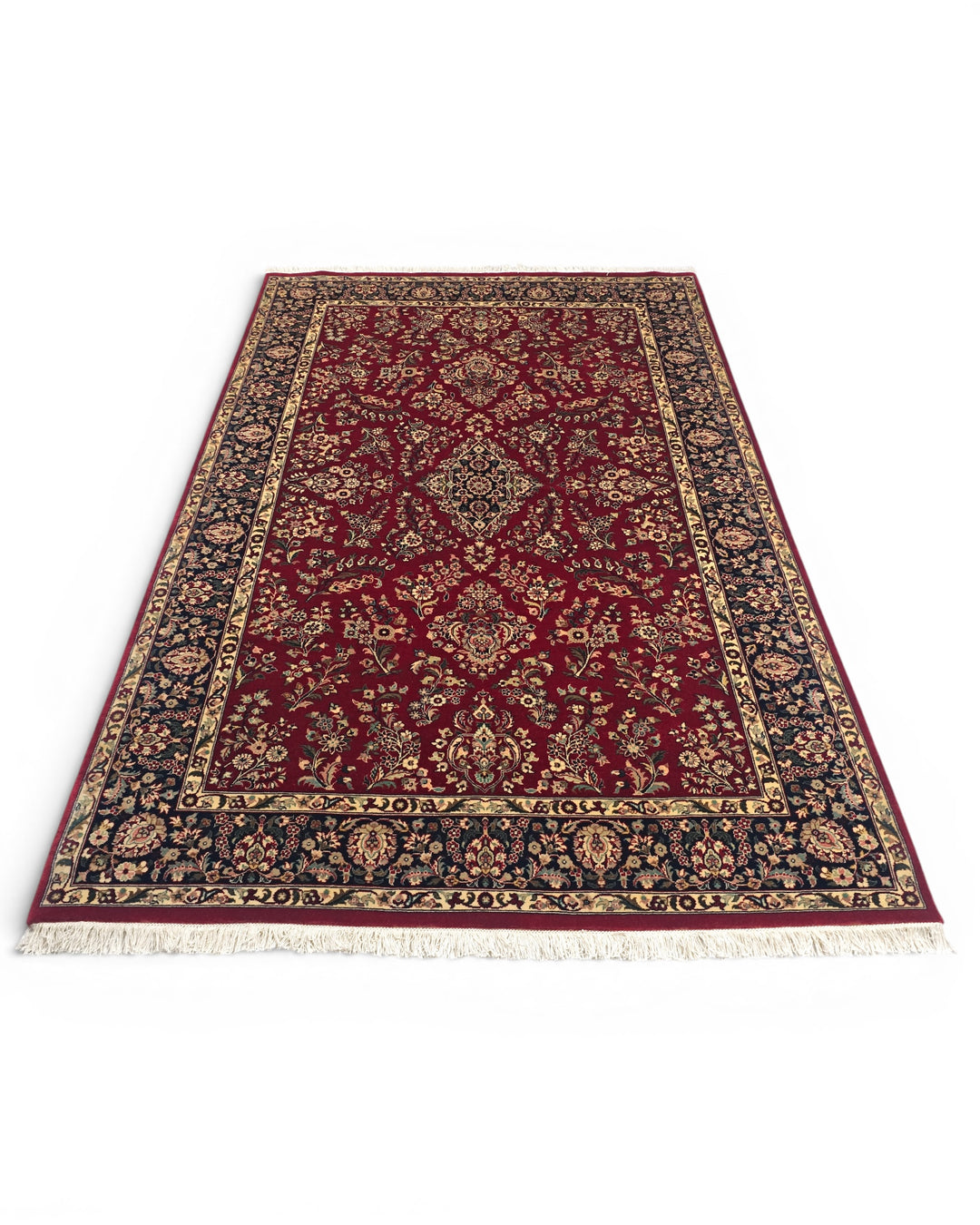 Wine &amp; Navy Floral Tabriz, Hand-Knotted Pakistani Wool Rug