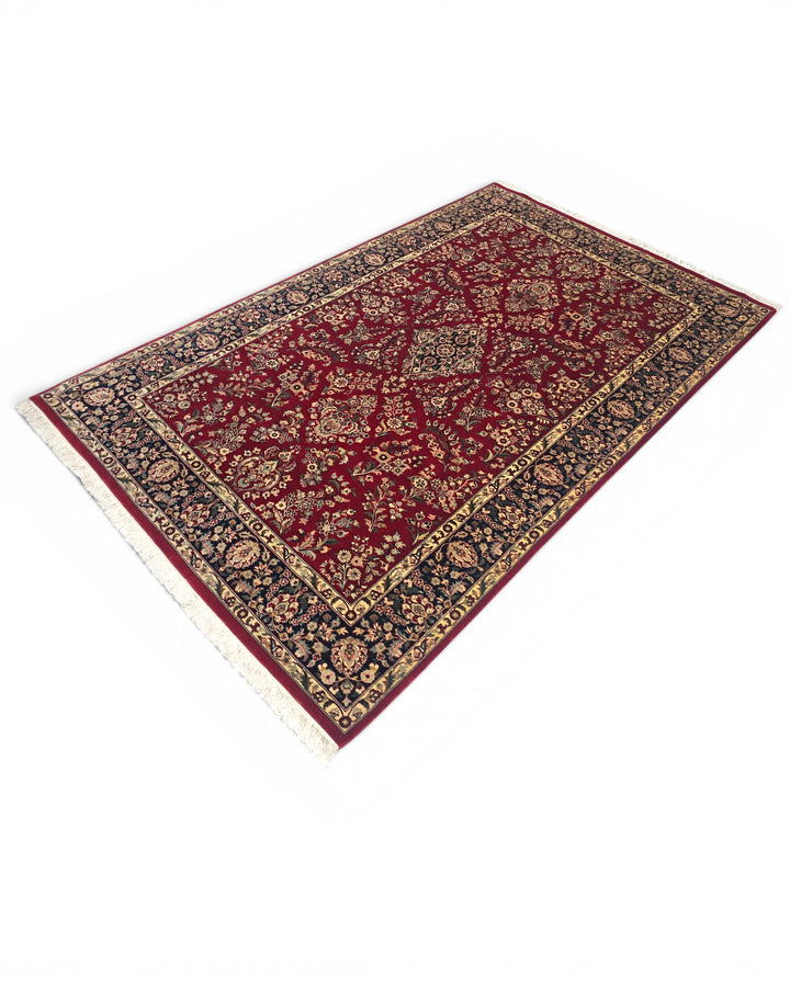 Wine &amp; Navy Floral Tabriz, Hand-Knotted Pakistani Wool Rug