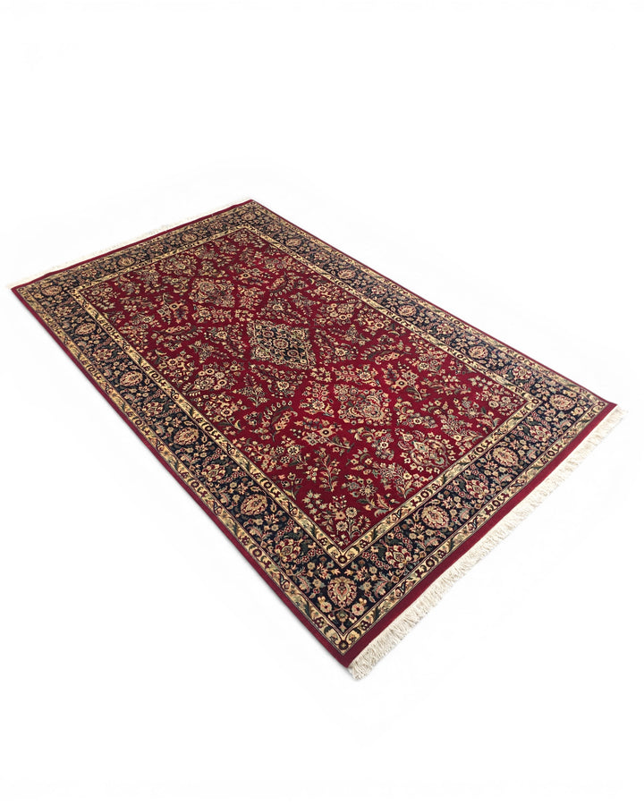 Wine &amp; Navy Floral Tabriz, Hand-Knotted Pakistani Wool Rug