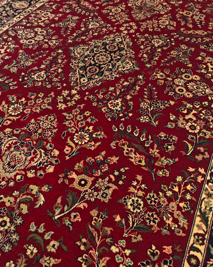 Wine &amp; Navy Floral Tabriz, Hand-Knotted Pakistani Wool Rug