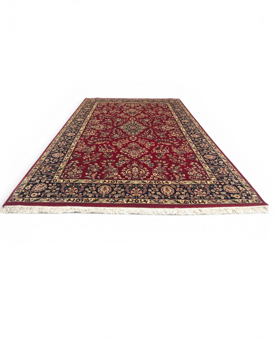 Wine &amp; Navy Floral Tabriz, Hand-Knotted Pakistani Wool Rug