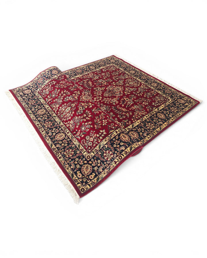 Wine &amp; Navy Floral Tabriz, Hand-Knotted Pakistani Wool Rug