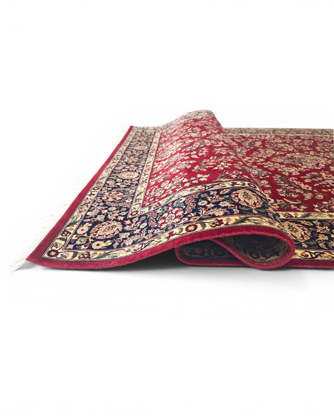 Wine &amp; Navy Floral Tabriz, Hand-Knotted Pakistani Wool Rug