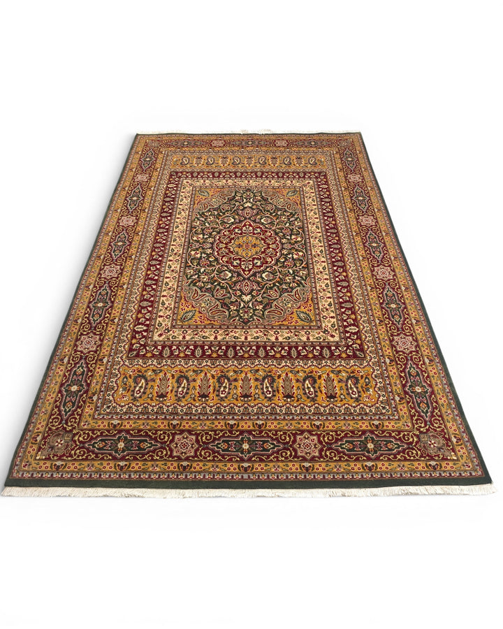 Emerald Medallion Tabriz, Hand-Knotted Pakistani Wool Rug