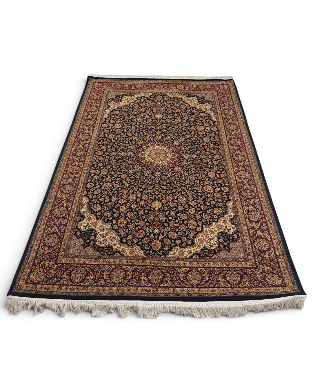 Obsidian &amp; Claret Medallion Tabriz, Hand-Knotted Pakistani Wool Rug
