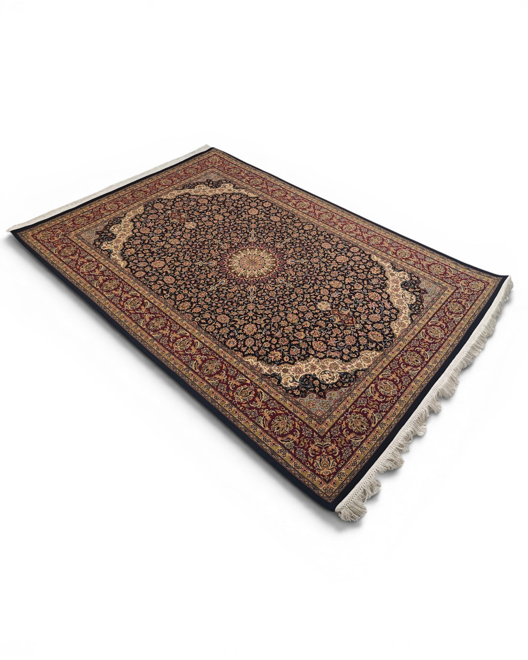 Obsidian &amp; Claret Medallion Tabriz, Hand-Knotted Pakistani Wool Rug