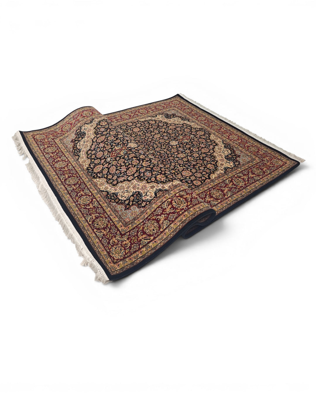 Obsidian &amp; Claret Medallion Tabriz, Hand-Knotted Pakistani Wool Rug