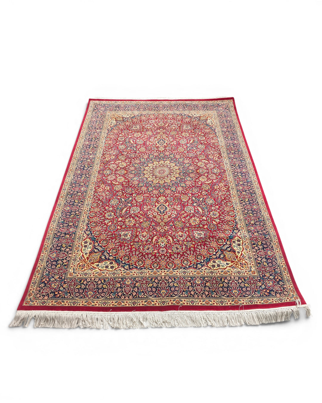 Garnet &amp; Navy Medallion Tabriz, Hand-Knotted Pakistani Wool Rug
