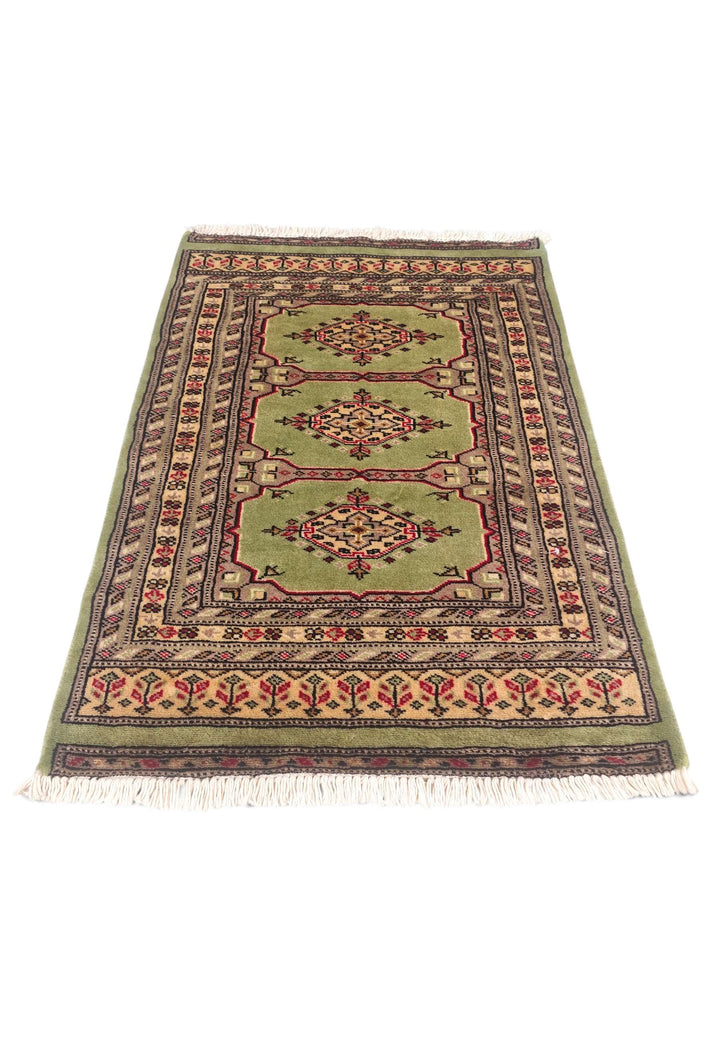 Olive Green and Gold Kazak Triple Medallion, Hand-Knotted Wool Rug
