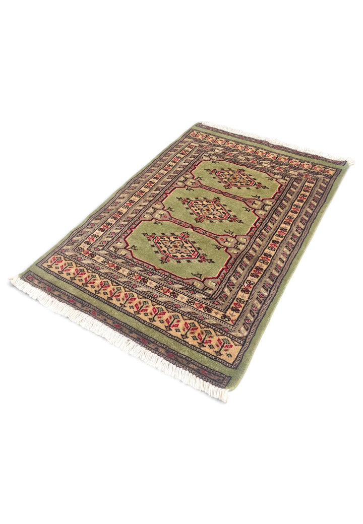 Olive Green and Gold Kazak Triple Medallion, Hand-Knotted Wool Rug